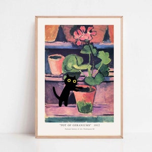 Henri Matisse Cat Print, Matisse Pot of Geraniums Cat Poster,Black Cat Art,Floral Print, Funny Cat print,Funny gift, Home decor Poster 00143