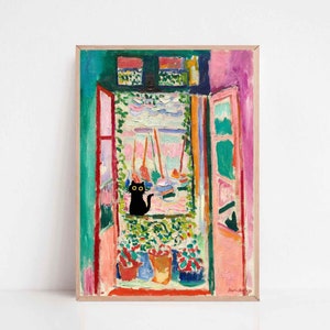 Henri Matisse Cat Print, Matisse Open Window Cat Poster, Black Cat Art, Floral Print, Funny Cat print, Funny gift, Home decor Poster 00108