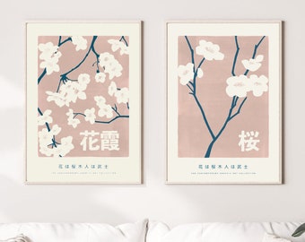 Japanese Art Print Set of 2, Flower Market Print, Flower Market Poster, Floral Art Print, Prink Flower Print, Japanese Poster S0195