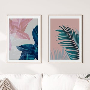 Set of 2 Pink and Blue Contemporary Abstract Print, Blush Pink Abstract Shapes, Abstract Leafy Wall Art, Tropical Wall Art S0071