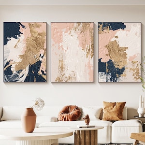 Set of 3 Framed Abstract Navy Blue & Blush Pink Wall Art Prints from Original Paintings, Decor Print Blue and Pink Poster Pictures S0248