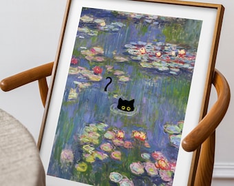 Cat Print,Monet Waterlily,Funny Gift Poster,Wall Art Home Decor,Claude Monet Cat Poster,Black Cat Art,Exhibition poster,Catlovers gift01019