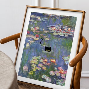 Cat Print,Monet Waterlily,Funny Gift Poster,Wall Art Home Decor,Claude Monet Cat Poster,Black Cat Art,Exhibition poster,Catlovers gift01019