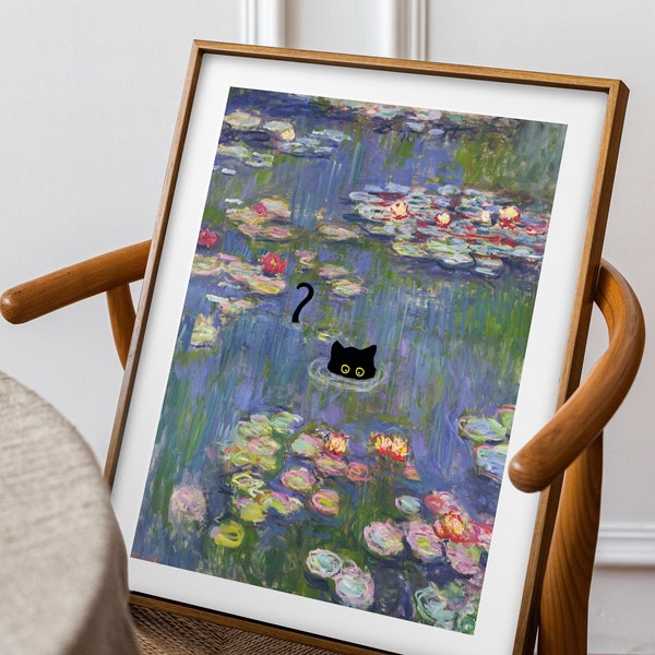 Cat Print,Monet Waterlily,Funny Gift Poster,Wall Art Home Decor,Claude Monet Cat Poster,Black Cat Art,Exhibition poster,Catlovers gift01019