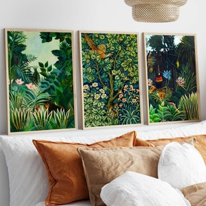 Henri Rousseau Botanical Print Set of 3,Jungle Print, Klimt, William Morris Poster, Emerald Green Wall Art,Tropical Dark Green Wall ArtS0301