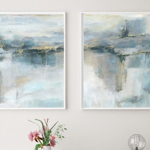 Blue Wall Art Set of 3 Mountains Blue Abstract Prints 3 Etsy