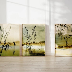 Framed Set of 3 Prints, Japandi Art, Green Wall Art, Japanese Wall Print Nature Print Living Room Calming Art Watercolour Nature PrintsS0287