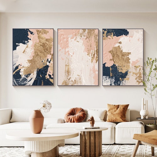 Pink & Navy Blue Triptych Wall Art Set of 3 Prints Abstract Etsy Canada