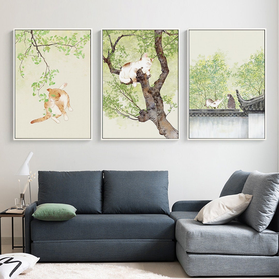 Japanese Cat Print Set of 3 Vintage Japanese Watercolour Etsy