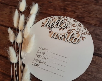 Meilenstein Hello World, Hallo Welt Geburtstafel, Geburtsanzeige aus Holz (Lasercut)/Babygeschenk/Babyparty