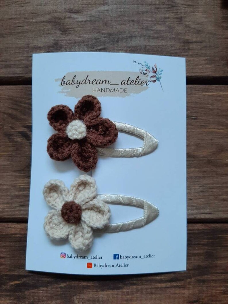 Crochet hair clips handmade/handmade sets of 2 or 3 in rose, light brown, brown and cream white image 6