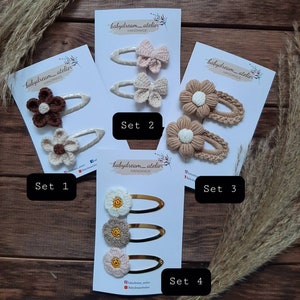 Crochet hair clips handmade/handmade sets of 2 or 3 in rose, light brown, brown and cream white image 2