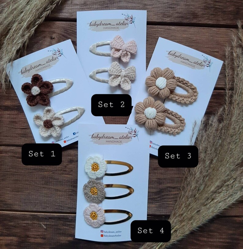 Crochet hair clips handmade/handmade sets of 2 or 3 in rose, light brown, brown and cream white image 2