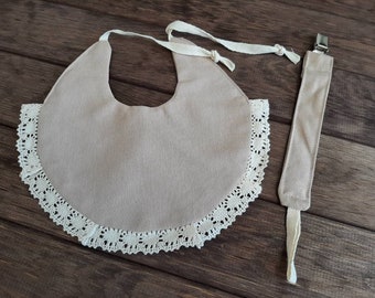 Baby bib and pacifier strap with lace handmade/handmade from cotton in cappuccino-beige/bib/boho/vintage