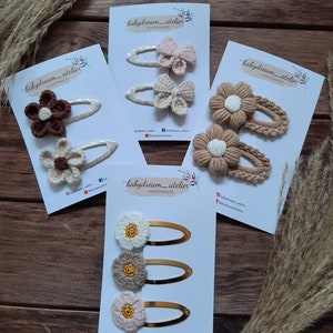 Crochet hair clips handmade/handmade sets of 2 or 3 in rose, light brown, brown and cream white image 1