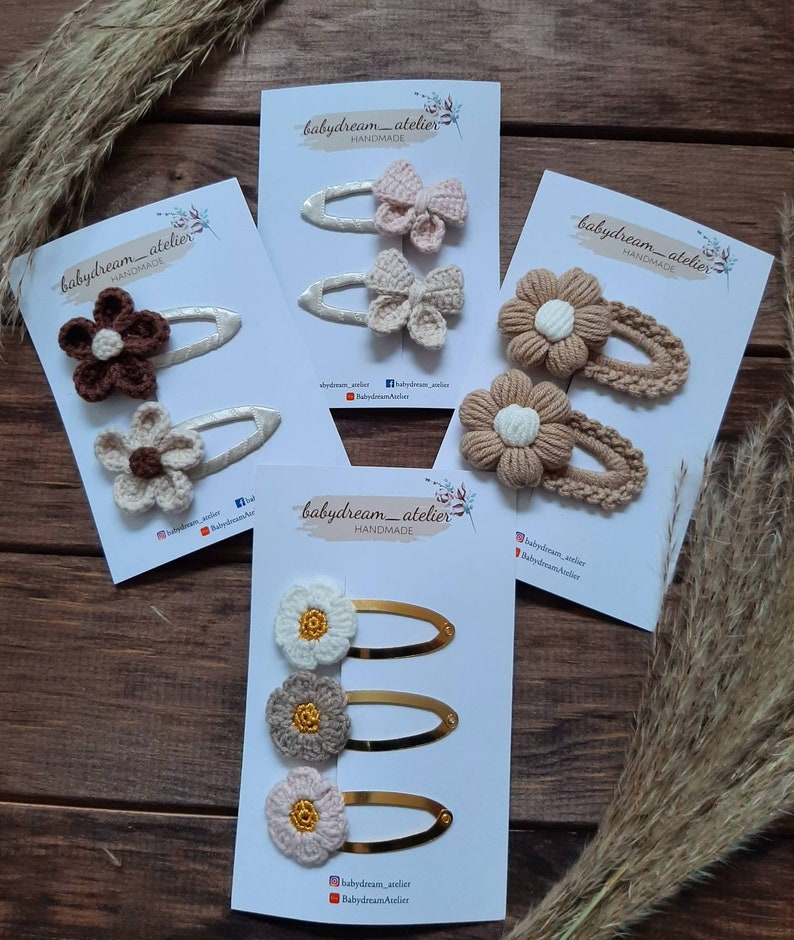 Crochet hair clips handmade/handmade sets of 2 or 3 in rose, light brown, brown and cream white image 1