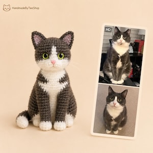 Peut inclure: Une figurine de chat au crochet en fil gris foncé et blanc, avec des oreilles pointues aux détails roses et des yeux vert vif. À côté de la figurine se trouve un panneau rectangulaire vertical affichant deux photos d'un vrai chat gris et blanc.