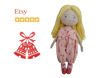 Blue Eyes Rag Doll, Girl Doll With Pink Overalls, Fabric Girl Doll, Soft Doll, Unique Christmas Birthday Gift For Kids Doll With Clothes (1)