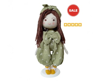Baby Soft Doll With Green Outfit, Brown Hair Girl Doll Linen Cotton Doll Handmade Baby Doll Girl Gift For Granddaughter 100% Safe For Kid /7