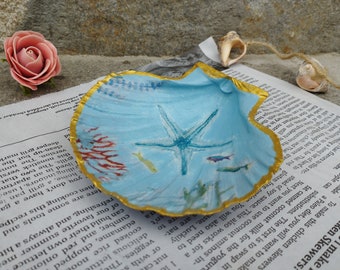 Seashell with Decoupage, Decorated Seashell with Starfish Design, Corals and Fish, Shell Trinket Dish, Shell Art, Sea Gift, Blue Shell