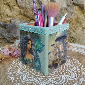 Wooden Holder for Pen, Pencil, Makeup Brushes, Paint Brushes, Markers, Crayon, with Lace, Color Turquoise, Sea World Design, Gift for Her