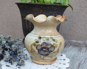 Vintage French Pottery Vase, La Poterie Provence France, Painted Ceramic Vase with Flower, Small Vase, High 4'', Home Decor, for Her