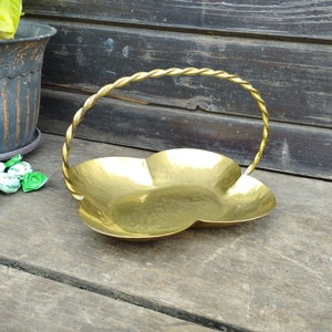 Vintage Scandinavian Brass Basket, Hammered Brass Basket, Basket with Handle, Brass Trinket Holder, with Twisted Handle, Candy Basket