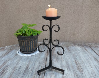 Vintage Hand Forged Iron Candlestick: 70s Table Decor (10"), Black