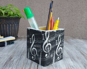 Wooden Pencil Holder, Pen Holder, Desk Accessory, Decoupage, Office Accessory, Student Gift, Brush Holder, Pencil Organizer, Musical Notes