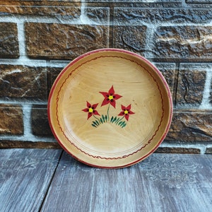 Vintage Scandinavian Wooden Bowl, Hand Painted Decorative Plate, Flowers, Folk Art, Fruit Bowl, Country Kitchen Decoration, Ø 7.1&quot;