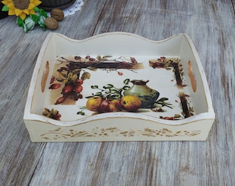 Decoupage Wooden Serving Tray with Handles: Vintage Style Kitchen Decor