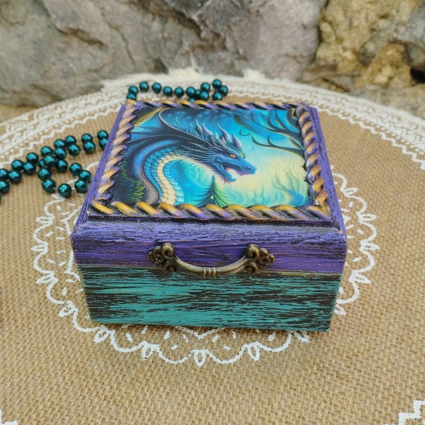 Wooden Dragon Jewelry Box, Decoupage and Mixed Media Decorated Box, Dragon Box, Small Box, Trinket Box, Fantasy Dragon, for Dragon Lover