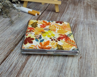 Cigarette Case with Autumn Leaves, Cigarette Box, Metal Cigarette Holder, Decoupage, Gift for Smokers, Women Cigarette Case, Autumn Gift