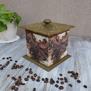 Boîte à café, Bonbonnière, Boîte de rangement en bois, Boîte de découpage, Boîte à bibelots, Boîte de cuisine en bois, Amateurs de café, Boîte avec couvercle, Motif grains de café