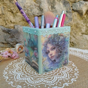 Wooden Pen Box, Open Pencil Holder, Storage for Makeup Brushes, Paint Brushes, Markers, Crayon, with Lace, Turquoise Color, Gift for Women