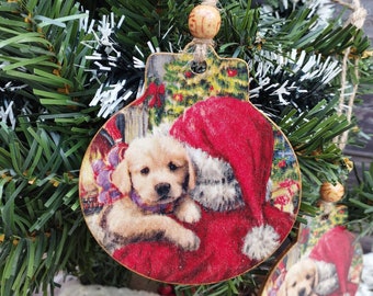 Santa and Puppy Christmas Ornament: Decoupage Wooden Decoration