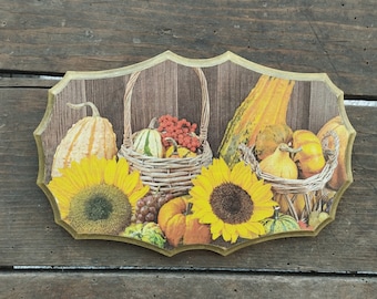 Pumpkin and Sunflower Decoupage Wooden Wall Sign: Autumn Decor