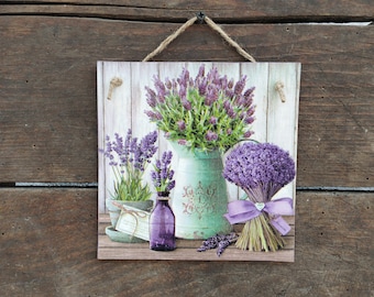 Decorative Wooden Wall Plaque with Lavender Motif, Rustic Decoupage Sign