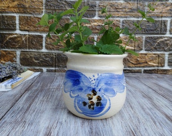 Vintage Pottery Vase, Painted Ceramic Vase with Blue Flower, Old Clay Pot, Glazed Vase, Scandinavian Pottery Flower Pot, Utensil Holder