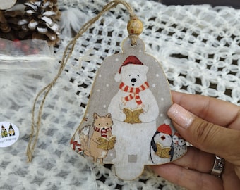 Sino de Natal de Madeira Decoupage: Urso Branco, Raposa, Pinguim