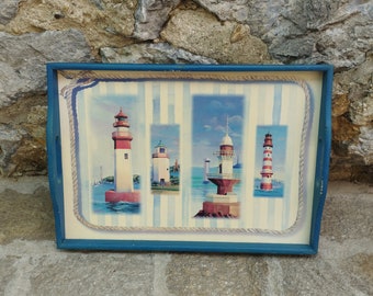 Retro Practical Old Wooden Tray with Handles, with Images of Lighthouse, Blue Serving Tray, Beach House Decor, Coffee Table Tray