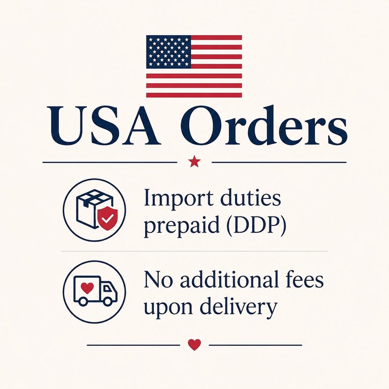 Pu&ograve; includere: Un grafico con la bandiera degli Stati Uniti sopra il testo USA Orders. Sotto ci sono due icone circolari: una che mostra un pacco con uno scudo rosso, etichettata Import duties prepaid (DDP), e una con un camion e un cuore rosso, etichettata No additional fees upon delivery.