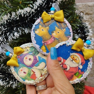 Set of Three Christmas Tree Ornaments, 3 pcs. Wooden Ornaments with Decoupage, Santa Claus, Deer, Snowman, Christmas Gift, ø 2.8&#39;&#39;