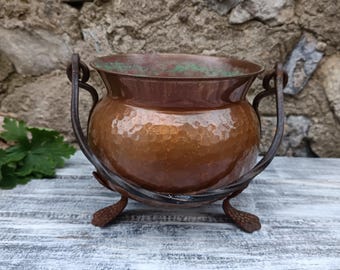 Vintage Hammered Copper Pot with Forged Iron Handle, Farmhouse Decor, Metal Cauldron