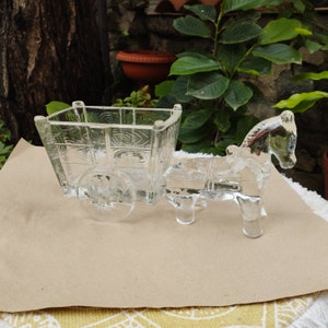 Vintage Glas Esel mit Wagen, Klarglas Esel / Pferd mit Wagen, Glas Candy Container, Esel mit Wagen, Schmuckschale, Glaskunst