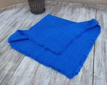 Vintage Blue Wool Tablecloth, Square Boho Fringe Table Topper