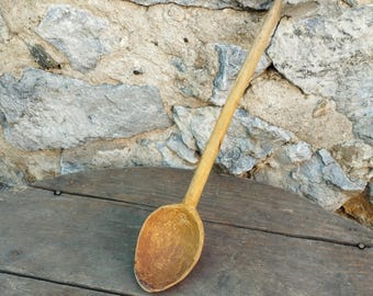 Vintage Hand Carved Large Wooden Spoon: Rustic Kitchen Decor