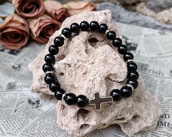 8mm Glossy Black Onyx Silver-Tone Cross Men's Elastic Bracelet