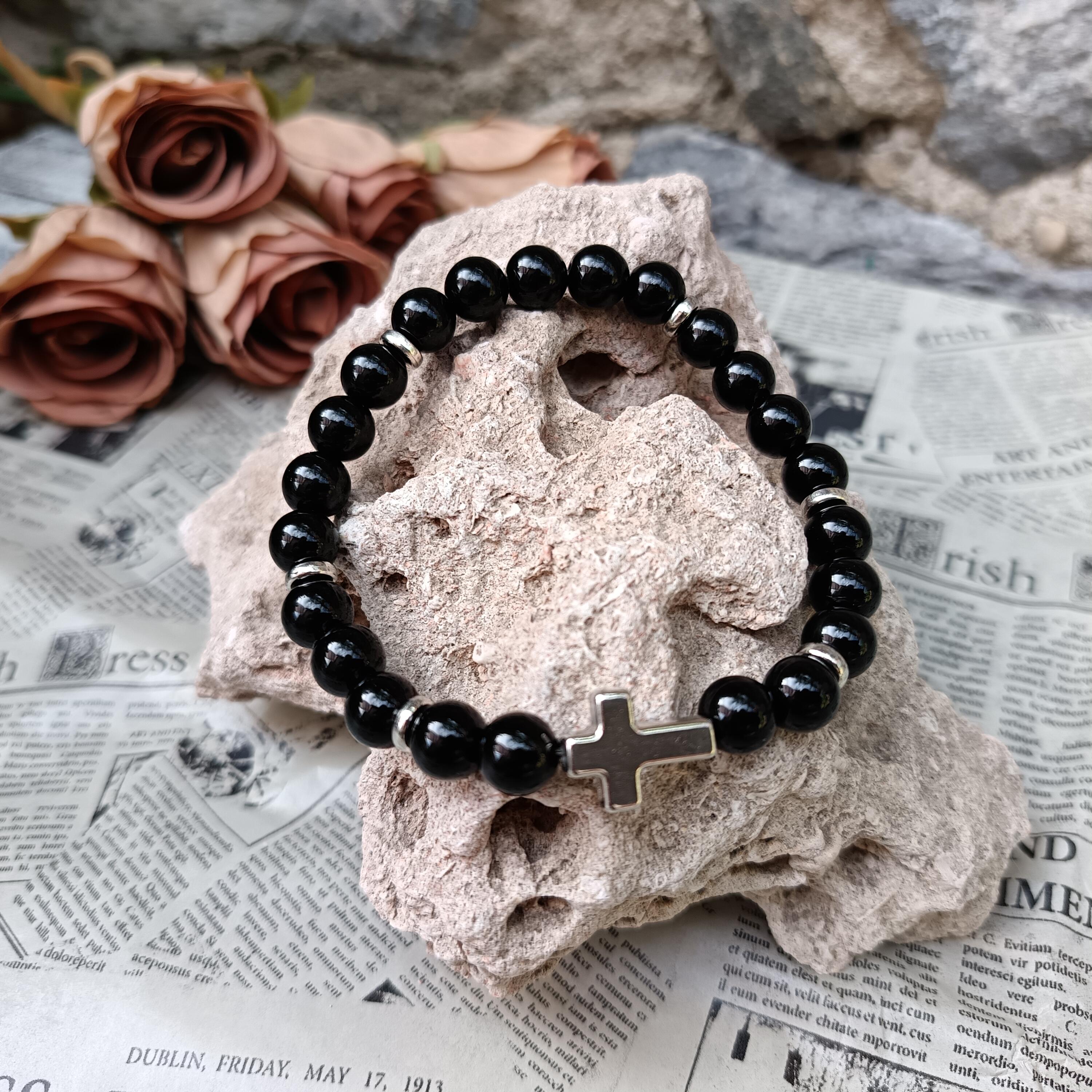 8mm Glossy Black Onyx Silver-tone Cross Men's Elastic Bracelet - Etsy