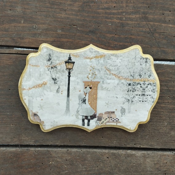 Christmas Wooden Wall Sign, Winter Scene Decoupage